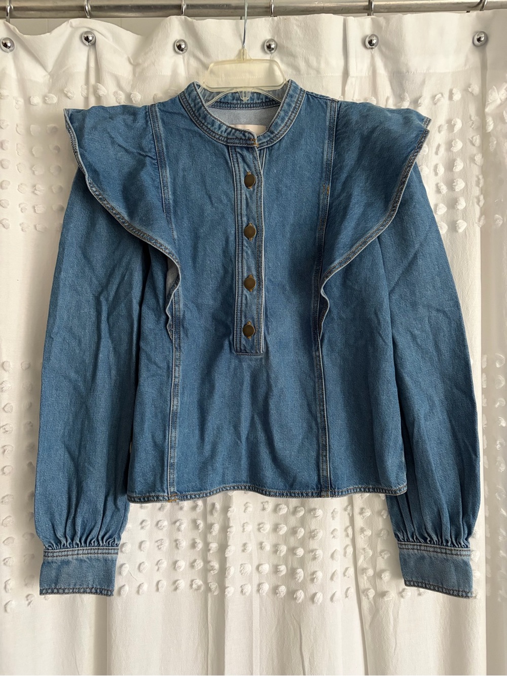 LOFT Blue Chambray Denim Ruffle-Shoulder Blouse Top XS NEW